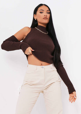 Thea Chocolate Knitted Rib Off The Shoulder Top