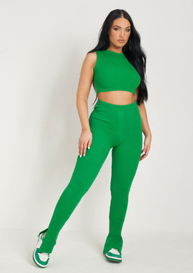 Madilyn Green Knitted Rib High Waisted Split Leggings, Women's Knitwear, MissyEmpire