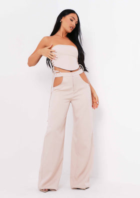 Polly Sand Cut Out Side Wide Leg Trousers