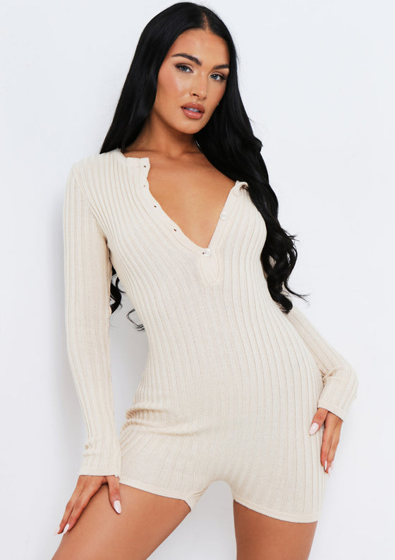 Lydia Beige Knitted Ribbed Plunge Romper