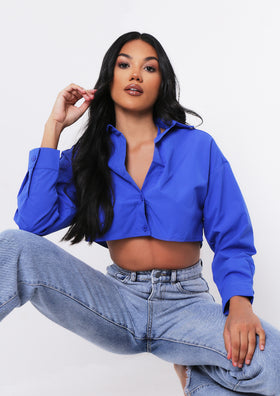 Natalia Blue Tie Neck Cropped Shirt