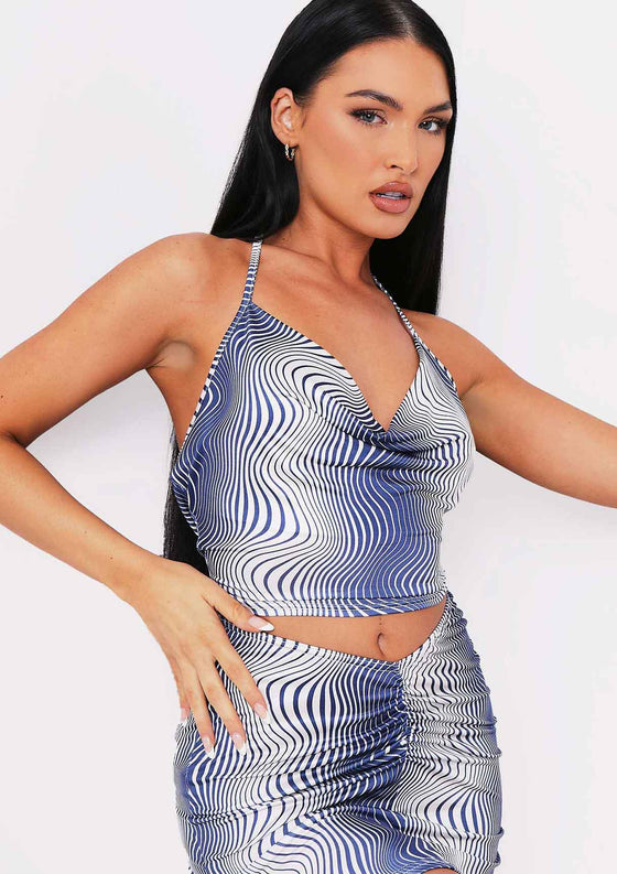 Abbie Blue Printed Cowl Neck Crop Top