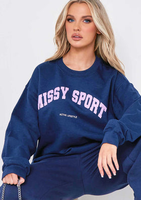 Bethan Navy Missy Sport Slogan Sweatshirt Co-ord