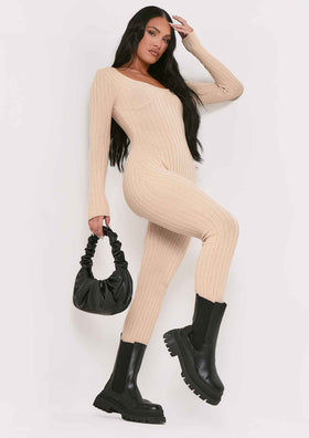 Evie Beige Knitted Long Sleeve Ribbed Jumpsuit