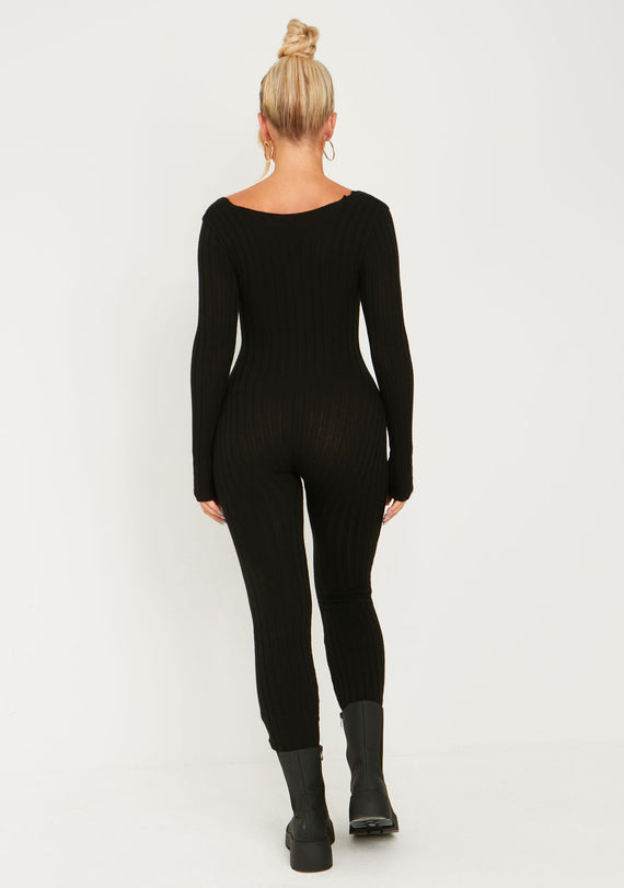 Evie Black Knitted Long Sleeve Ribbed Jumpsuit Women's Jumpsuits