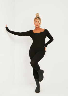 Evie Black Knitted Long Sleeve Ribbed Jumpsuit