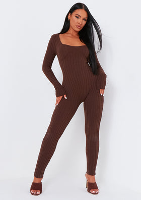 Evie Chocolate Knitted Long Sleeve Ribbed Jumpsuit