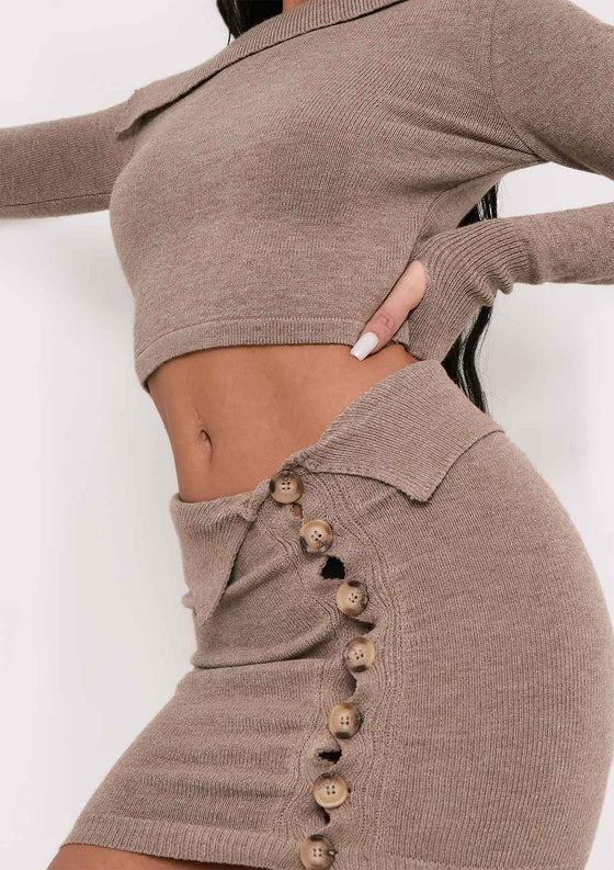 Adira Oatmeal Knitted Button Detail Mini Skirt