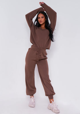 Nya Taupe V Neck Knitted Jumper And Jogger Set