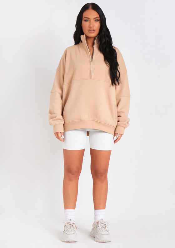 Roxy Beige Premium Ribbed Panelled Half Zip Sweatshirt