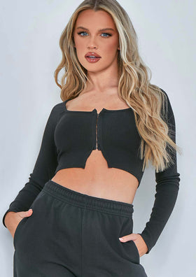 Manny Black Contour Rib Cropped Hook And Eye Long Sleeve Top