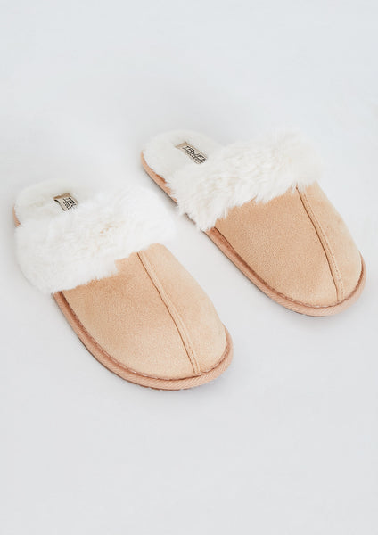 Nala Beige Fur Trim Slippers Women s Slippers MissyEmpire