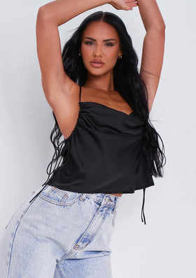 Vida Black Ruched Side Satin Cami Top