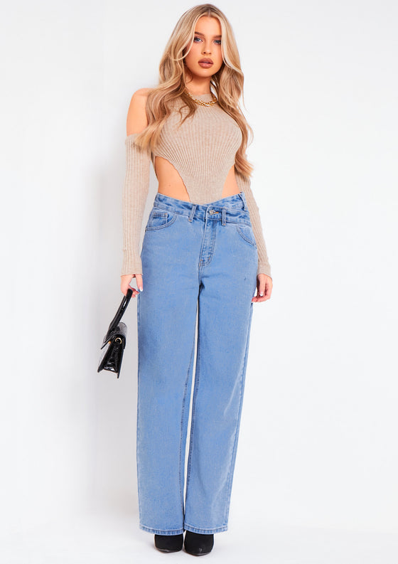 Layna Beige Rib Knitted High Leg Bodysuit With Sleeves