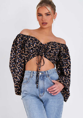 Marla Floral Print Ruched Balloon Sleeve Cropped Blouse