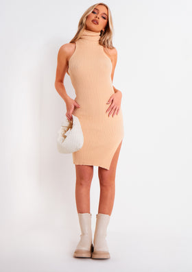 Gina Beige Ribbed Knit Roll Neck Dress With Split