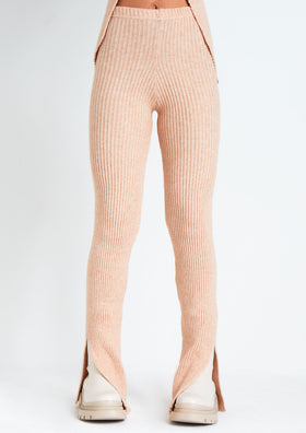 Yuna Beige Ribbed Knitted Side Split Trouser