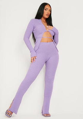 Yuna Purple Ribbed Knitted Side Split Trouser