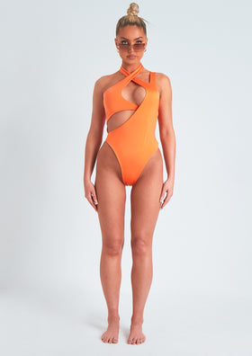 Petra Orange Halter Neck Cut Out Swimsuit