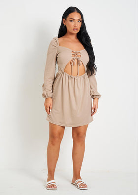 Susie Buttermilk Lace Up Front Cut Out Long Sleeve Dress