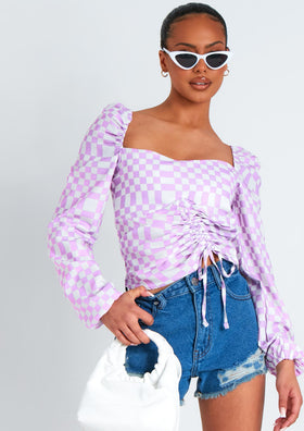 Tallulah Lilac Checkerboard Print Ruched Front Top