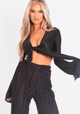 Alice Black Plisse Wrap Tie Crop Top