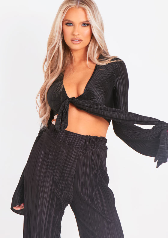 Alice Black Plisse Wrap Tie Crop Top