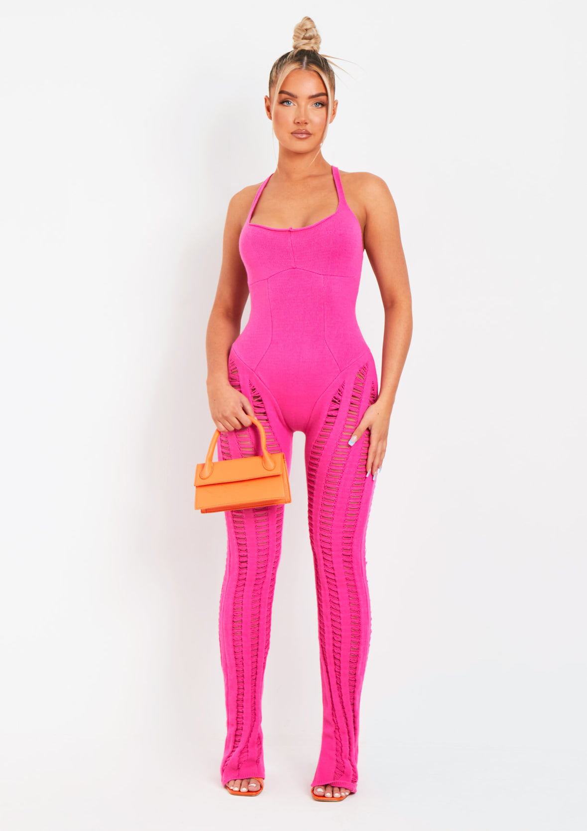 Eva Pink Laddered Knitted Seam Jumpsuit Women's Jumpsuits