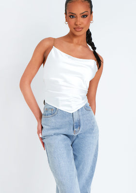 Samiyah White Chain Strap Tie Back Cowl Satin Top