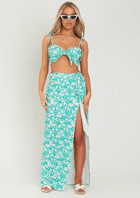 Frankie Teal Green Floral Printed Wrap Around Maxi Skirt