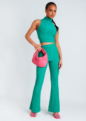 Maddy Green High Neck Ripple Crop Top And Flared Trouser Co Ord