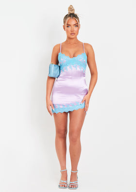 Dionne Lilac Lace Detail Satin Dress With Slit