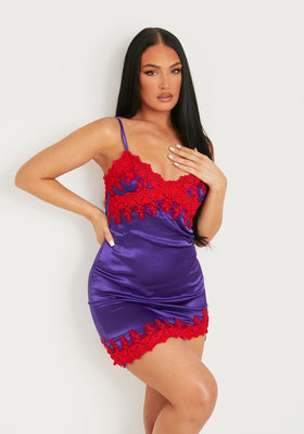 Dionne Purple Lace Detail Satin Dress With Slit