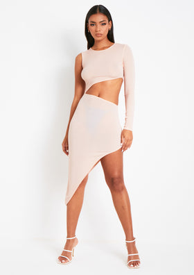 Aubrielle Baby Pink One Shoulder Glitter Slinky Cut Out Midi Dress