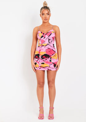 Fatima Pink Abstract Printed Ruched Chain Strap Mini Dress