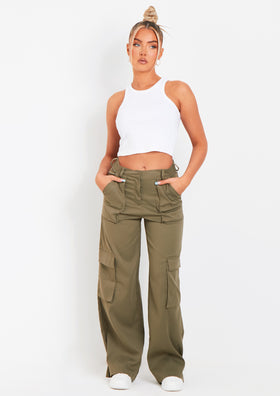 Ainsley Khaki Pocket Detail Mid Rise Cargo Pants