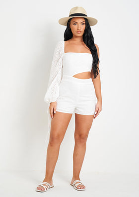 August White Broidery One Sleeve Playsuit