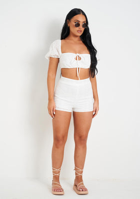 Zaria White Broidery Matching High Waisted Shorts