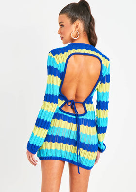 Harleigh Blue Multi Crochet Knit Backless Mini Dress