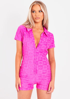 Aya Pink Embossed Towelling Button Playsuit