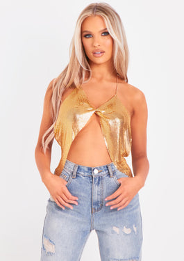 Gemma Gold Twist Front Chainmail Top, Women's Tops