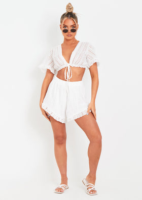 Milly White Broderie Crop Top And Shorts Set
