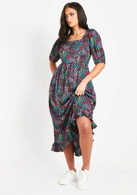 Fiona Black Floral Multi Printed Midi Dress