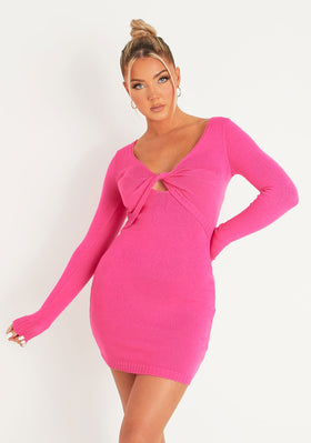 Elaina Pink Long Sleeve Twist Front Knitted Long Sleeve Mini Dress