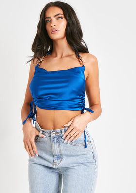 Nyla Blue Satin Chain Detail Cowl Neck Crop Top