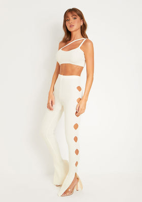 Tessa Cream Knitted Split Hem Trousers