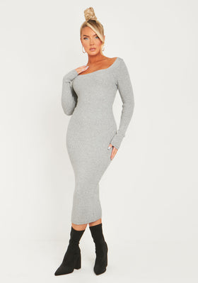 Kim Light Grey Knit Square Neck Long Sleeve Midi Dress