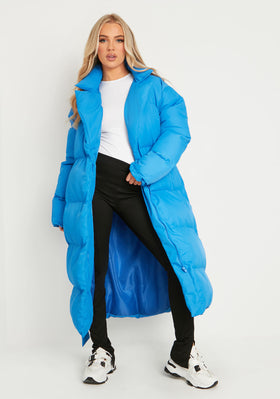 Jodie Blue Tie Waist Longline Puffer Coat