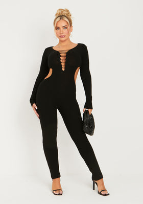 Katya Black Knitted Long Sleeve Cut Out Side Jumpsuit