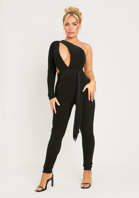Valencia Black Double Layer Slinky Cut Out One Shoulder Jumpsuit